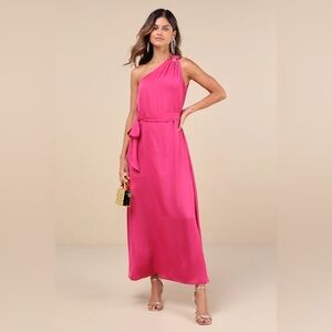 Lulus Fuchsia Satin One-Shoulder Maxi Dress